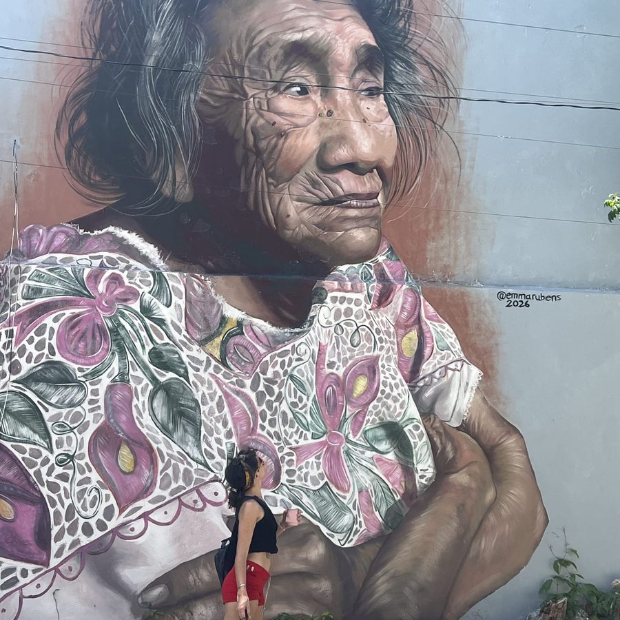 A traveler looking up at a large Maya woman mural on a street art walk in Tulum